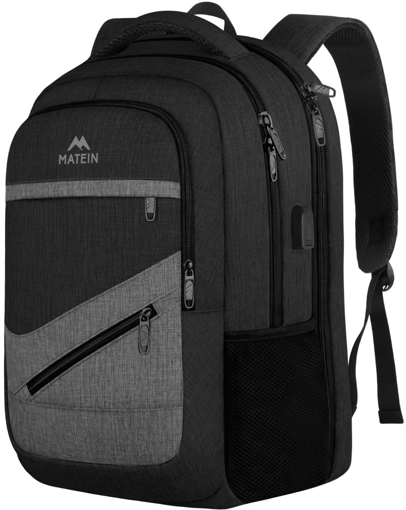 MATEIN Travel Laptop Backpack, 17 Inch Work TSA Approved Carry on Backpack, Large Computer Business Bag for Men Women with USB Port and Trolley Sleeve, College School Rucksack Book Bag, Grey