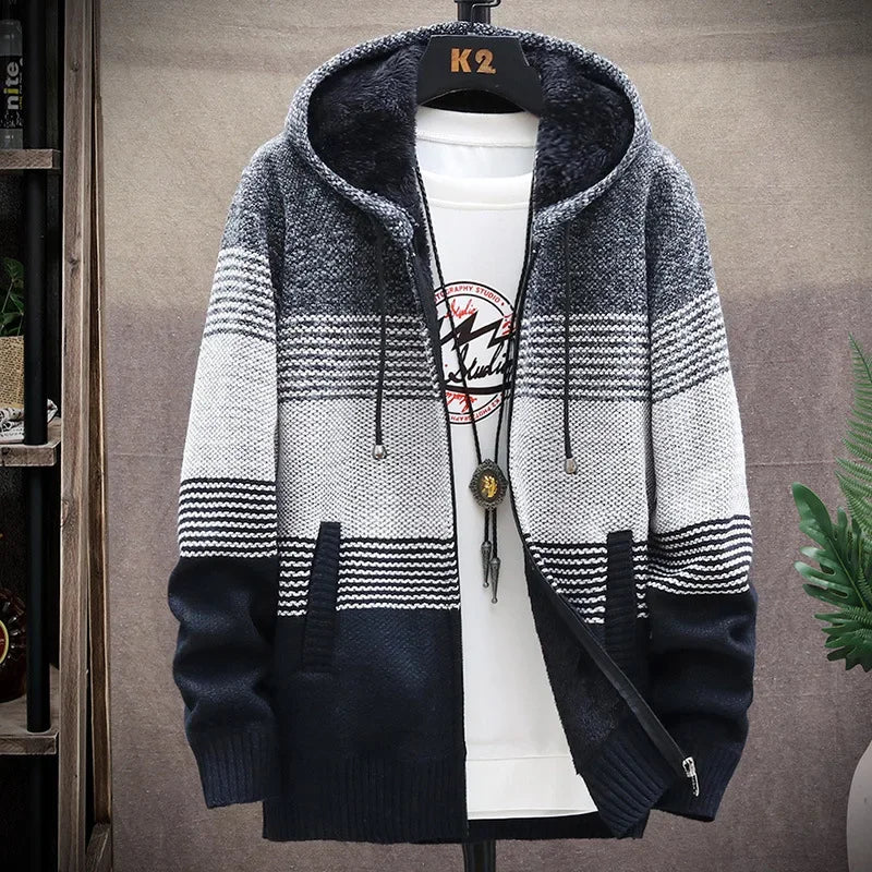 Cardigan Men Sweaters Coats Winter Fleece Knitted Sweater Jacket Mens Striped Sweater Coat Warm Zipper Wool Hooded Cardigan Men