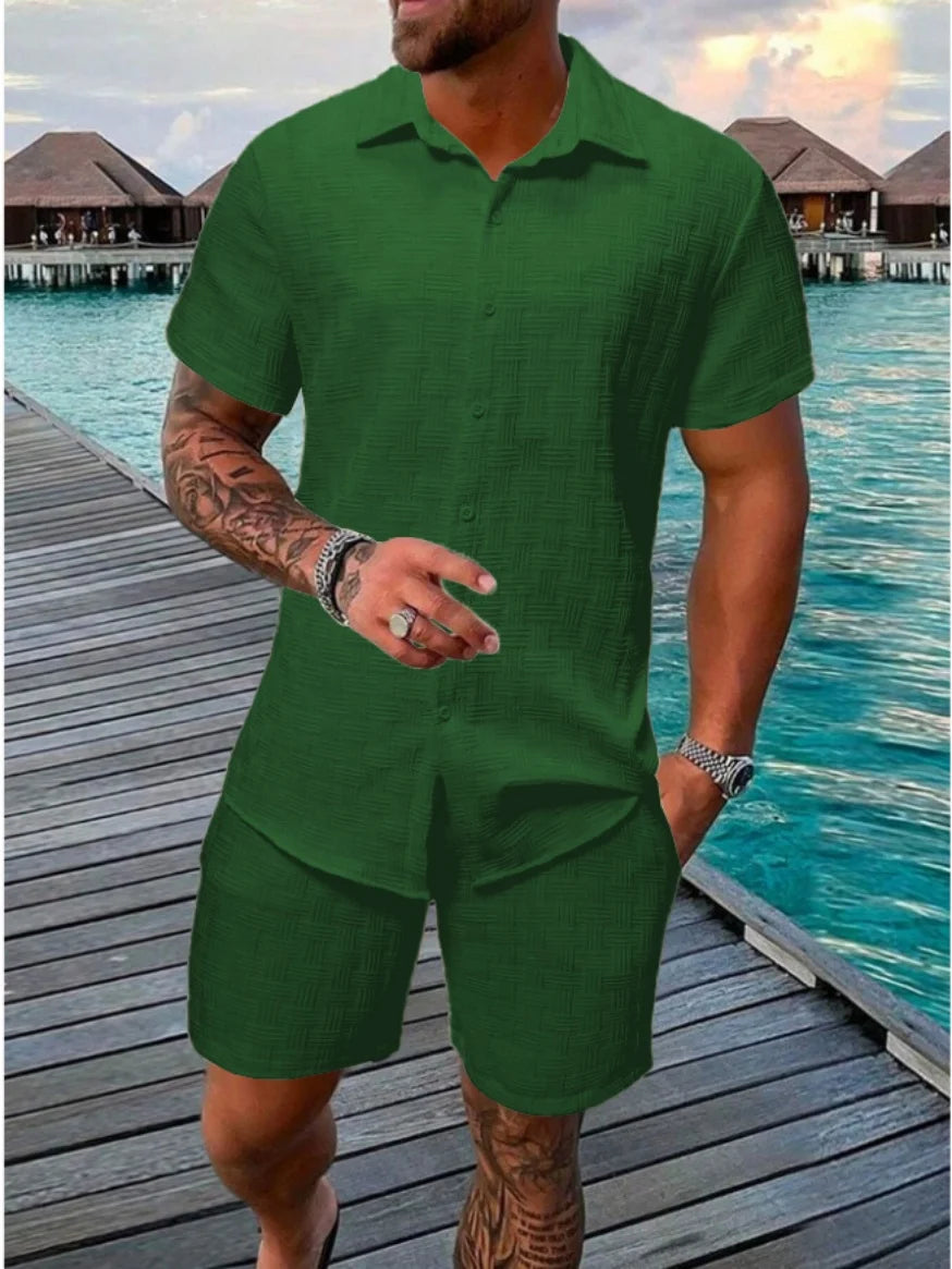 2025 summer jacquard check texture solid color suit short sleeve men's fashion comfortable holiday beach style shirt shorts two-