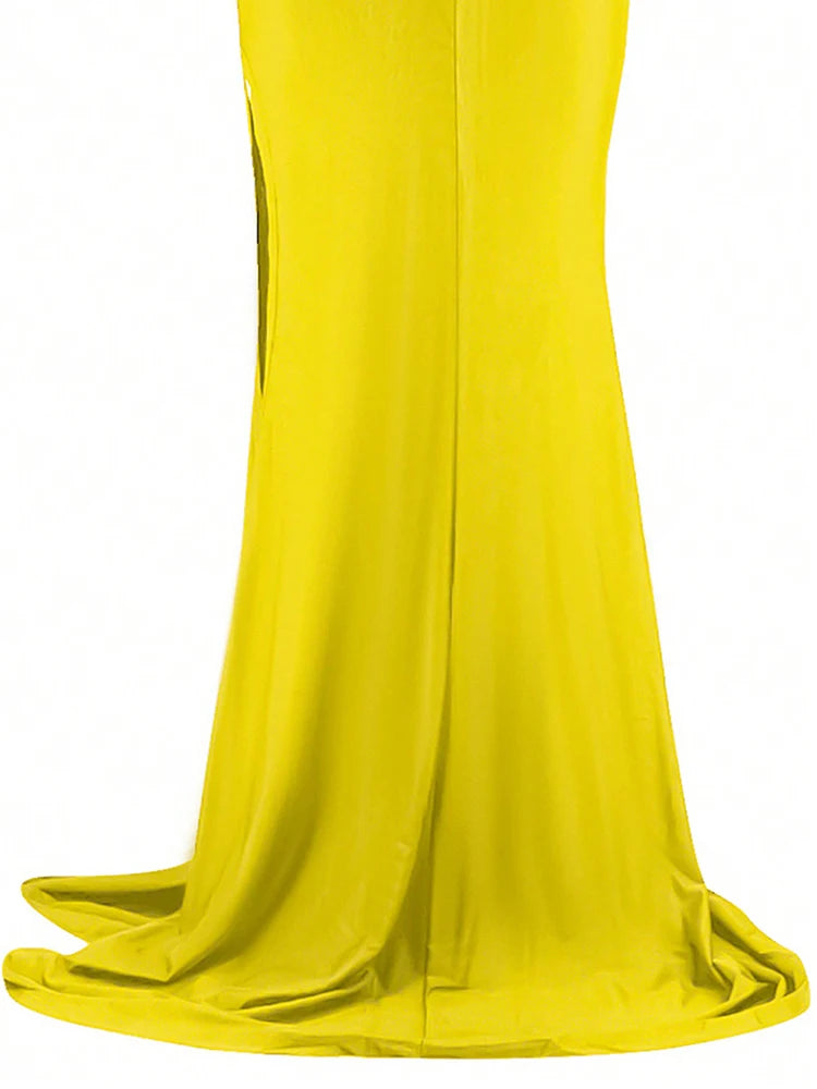 Classic High Slit Evening Dress Women Solid Maxi Long Dresses With Sleeves Wedding Bridesmaid Elegant Party Dresses 2025 Woman