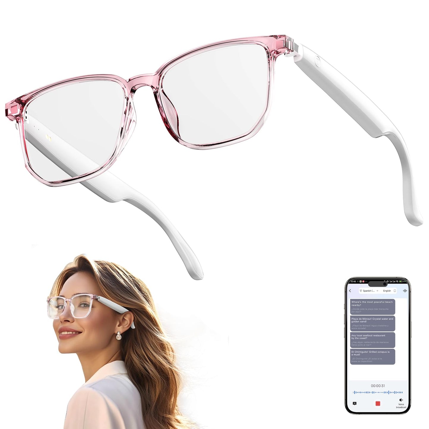 AI Smart Glasses, Bluetooth 5.4 Translation Glasses with 144 Language & Accents, Blue Light Filtering Lenses, Multifunctional Smart Glasses for Men Women, Travel Meeting Trade Business HY-C8 Black