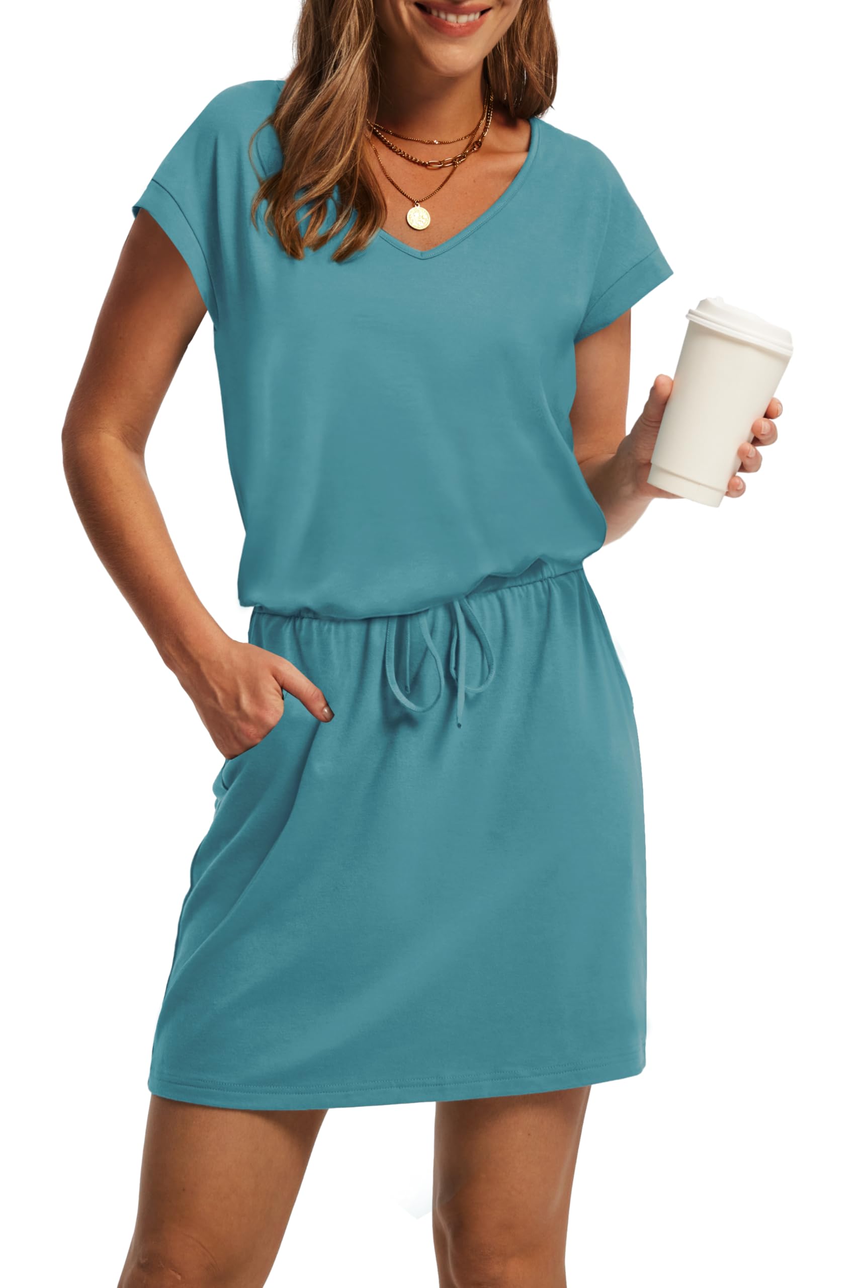 OFEEFAN Summer Dresses for Women 2025 V Neck T Shirt Casual Mini Dresses Tie Waist Sundresses with Pockets