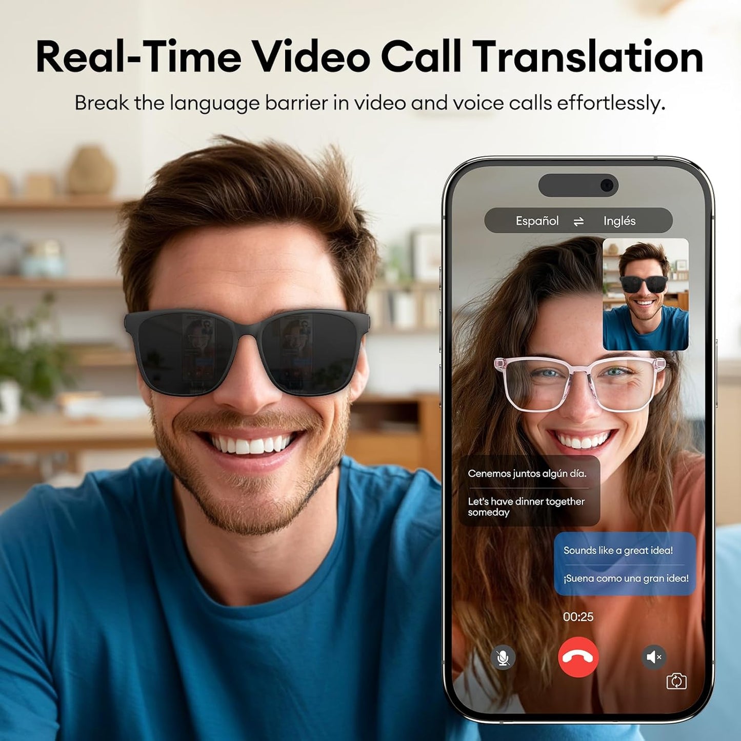 AI Smart Glasses, Bluetooth 5.4 Translation Glasses with 144 Language & Accents, Blue Light Filtering Lenses, Multifunctional Smart Glasses for Men Women, Travel Meeting Trade Business HY-C8 Black