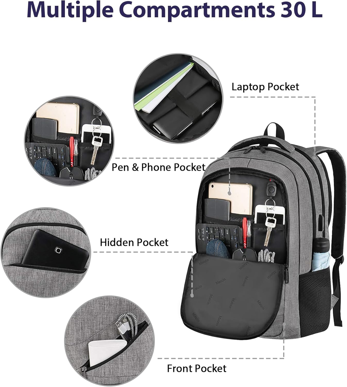 MATEIN Travel Laptop Backpack, 17 Inch Work TSA Approved Carry on Backpack, Large Computer Business Bag for Men Women with USB Port and Trolley Sleeve, College School Rucksack Book Bag, Grey