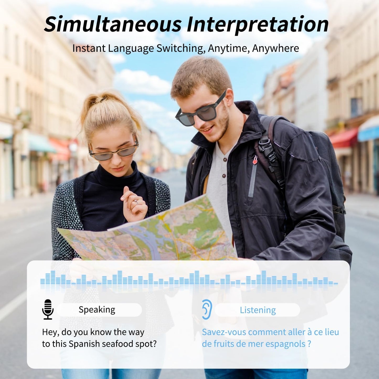 Smart AI Bluetooth Glasses for Women/Men with 144 Language Instant Translation & Interpretation, Outdoor Mode UV Protection, Touch Control and Voice Control- Large Frame Design(Gray)