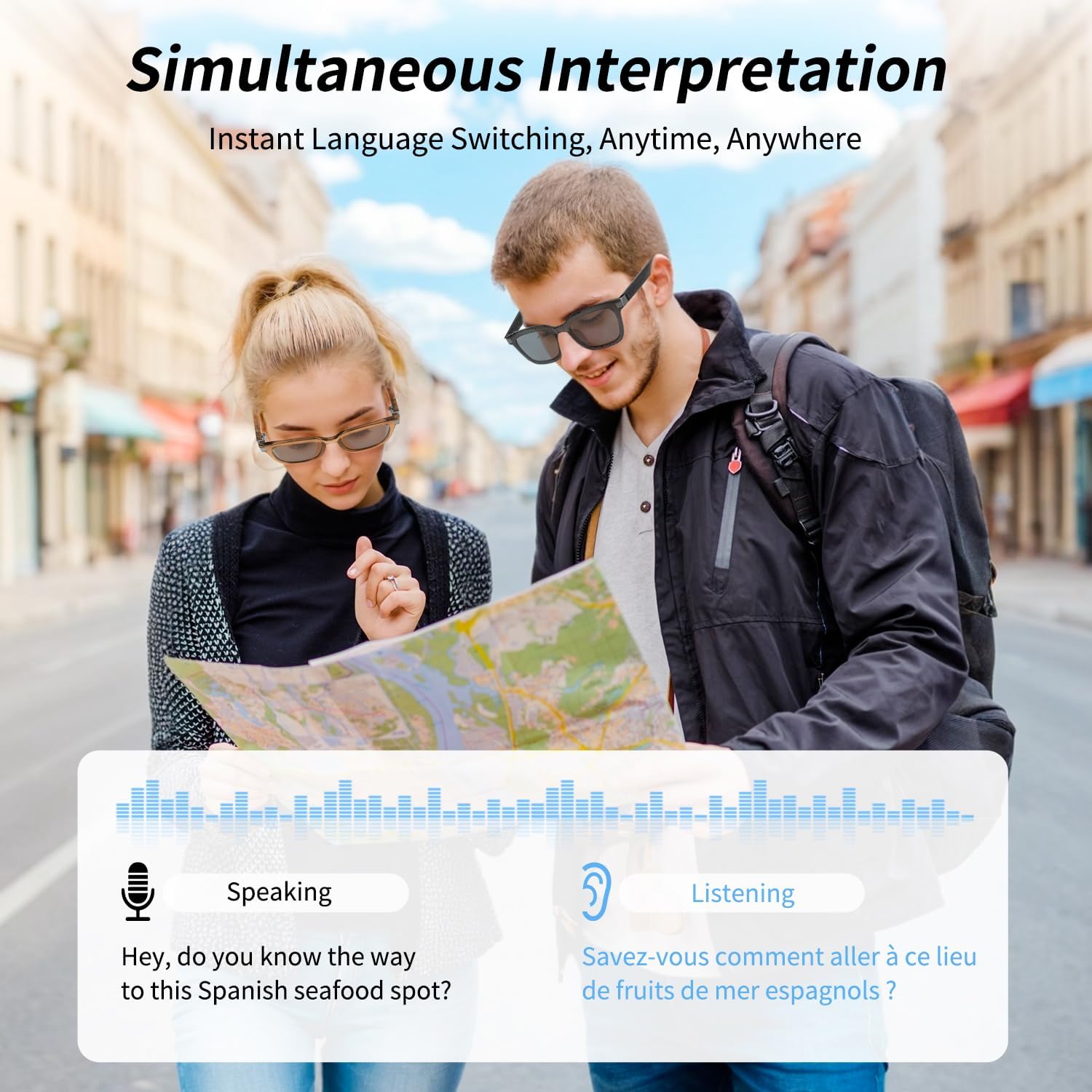 Smart AI Bluetooth Glasses for Women/Men with 144 Language Instant Translation & Interpretation, Outdoor Mode UV Protection, Touch Control and Voice Control- Large Frame Design(Gray)