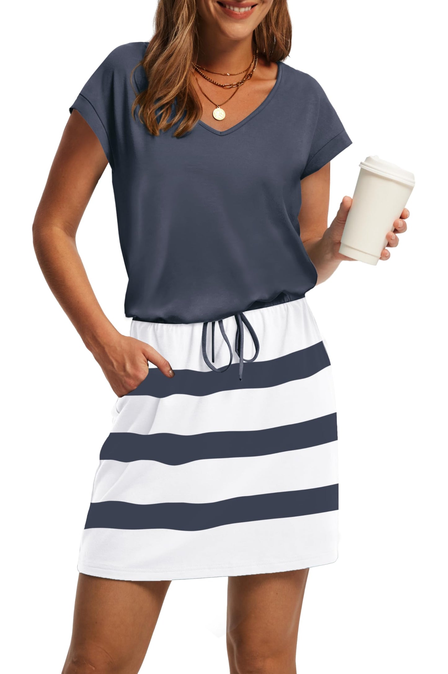 OFEEFAN Summer Dresses for Women 2025 V Neck T Shirt Casual Mini Dresses Tie Waist Sundresses with Pockets