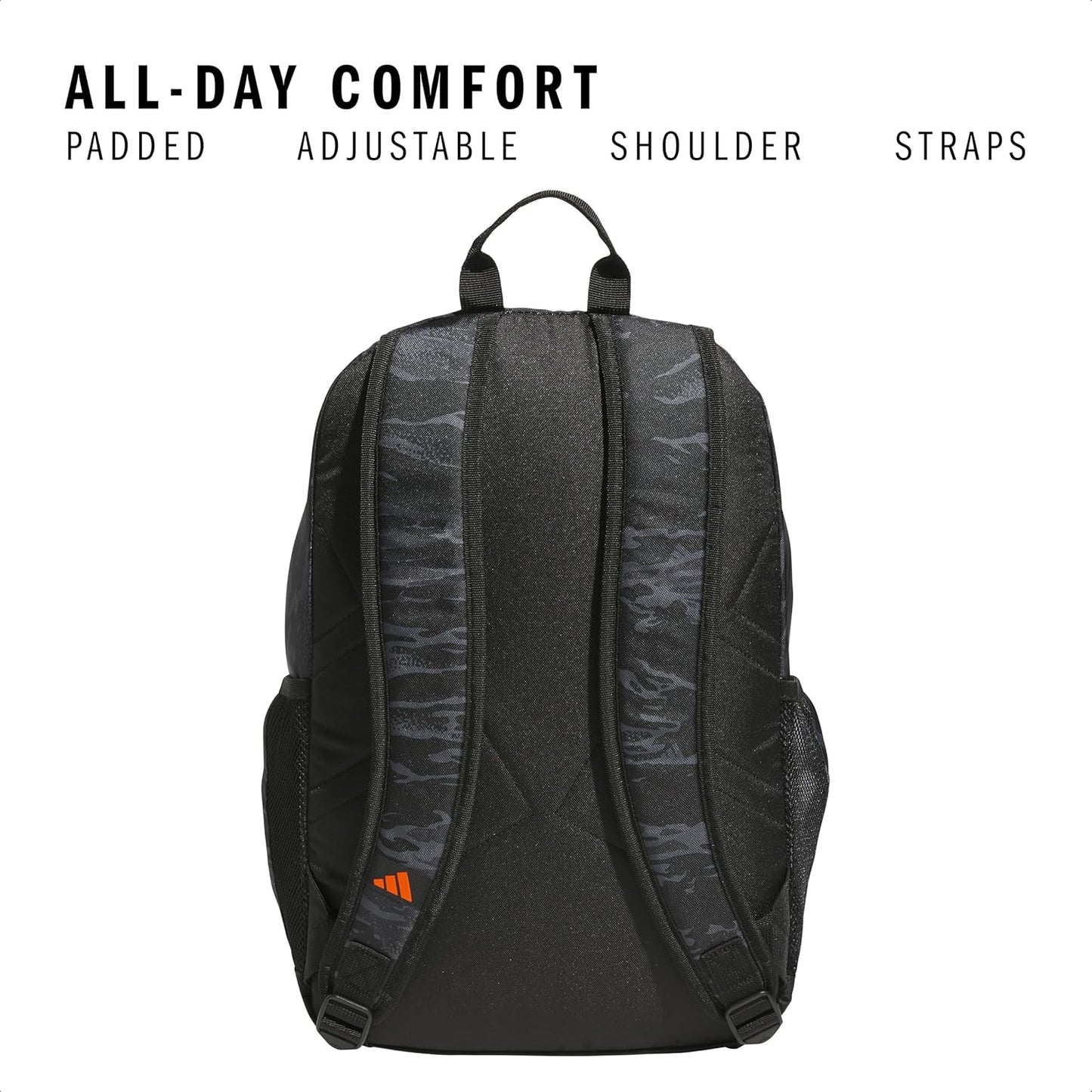 adidas Affiliate Small Backpack for Women and Men, Durable Bag with Laptop Sleeve, Essential Camo Black/Orange, One Size