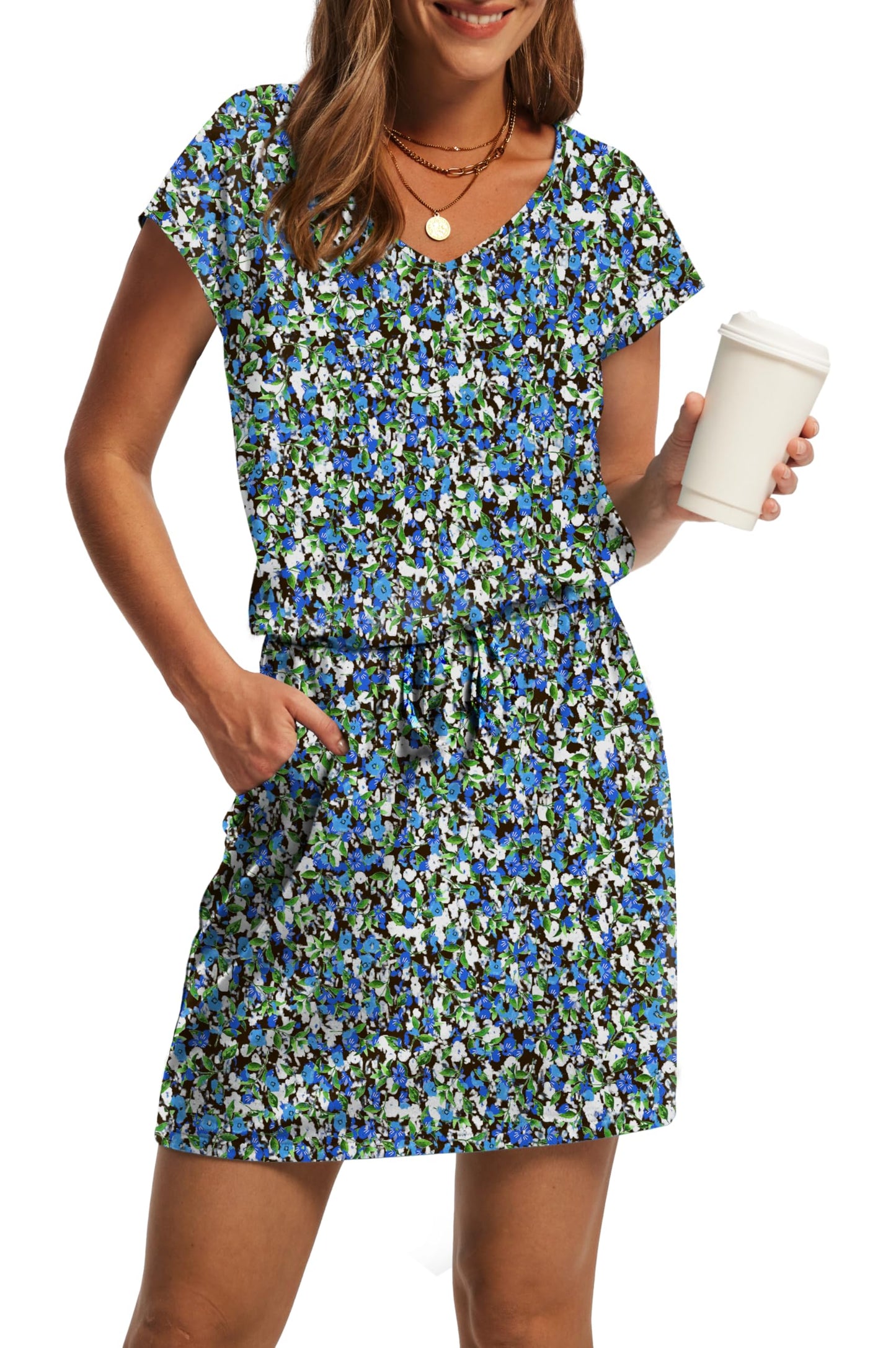 OFEEFAN Summer Dresses for Women 2025 V Neck T Shirt Casual Mini Dresses Tie Waist Sundresses with Pockets