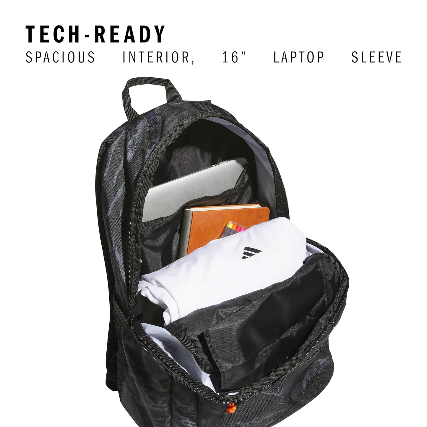 adidas Affiliate Small Backpack for Women and Men, Durable Bag with Laptop Sleeve, Essential Camo Black/Orange, One Size