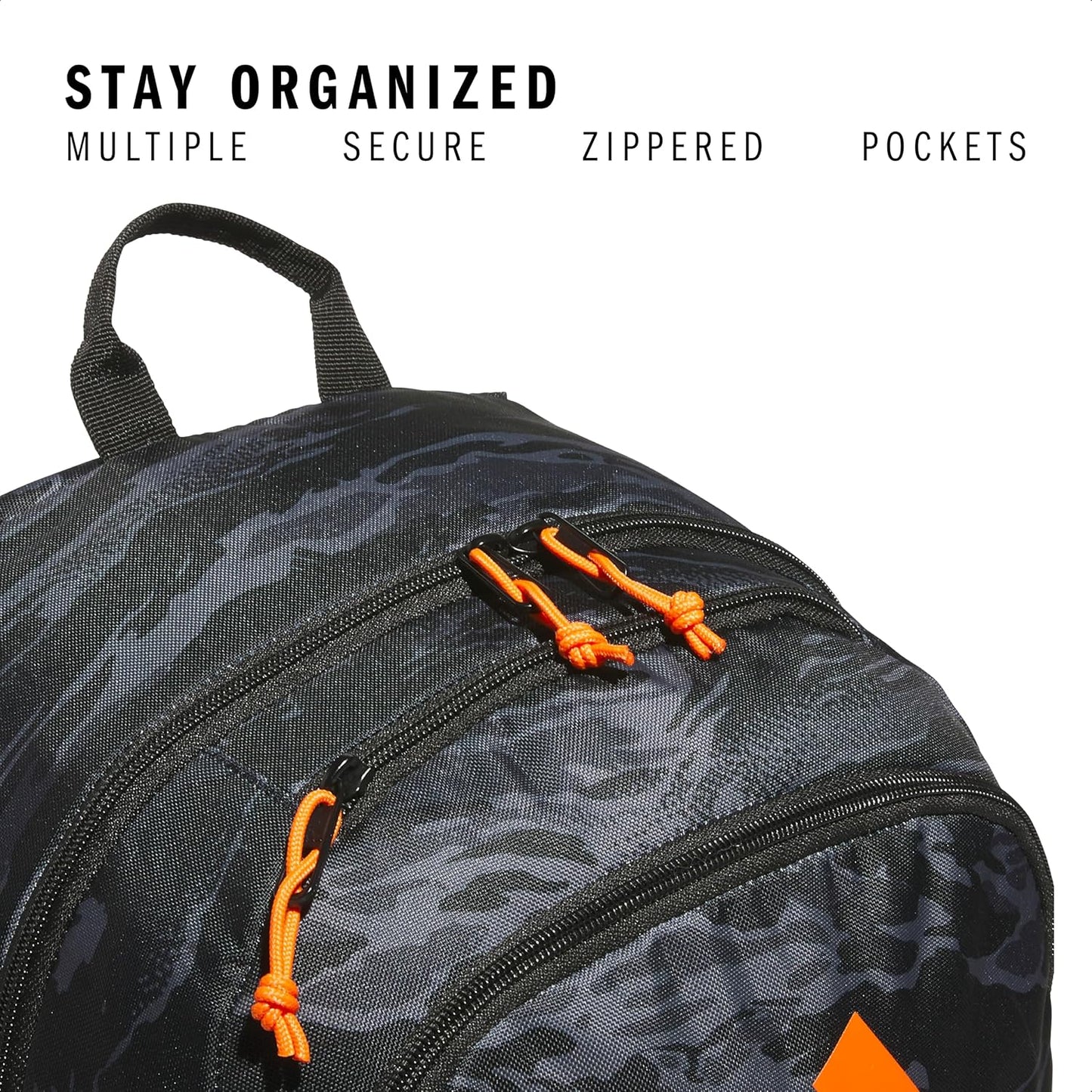 adidas Affiliate Small Backpack for Women and Men, Durable Bag with Laptop Sleeve, Essential Camo Black/Orange, One Size