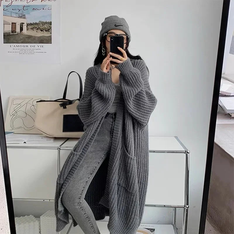 Long Cardigan 2025 Spring Knitted Women Loose V-neck Autumn Winter Elegant Sweet Outerwear Maxi Y2k Sweater Jumpers Soft Jacket