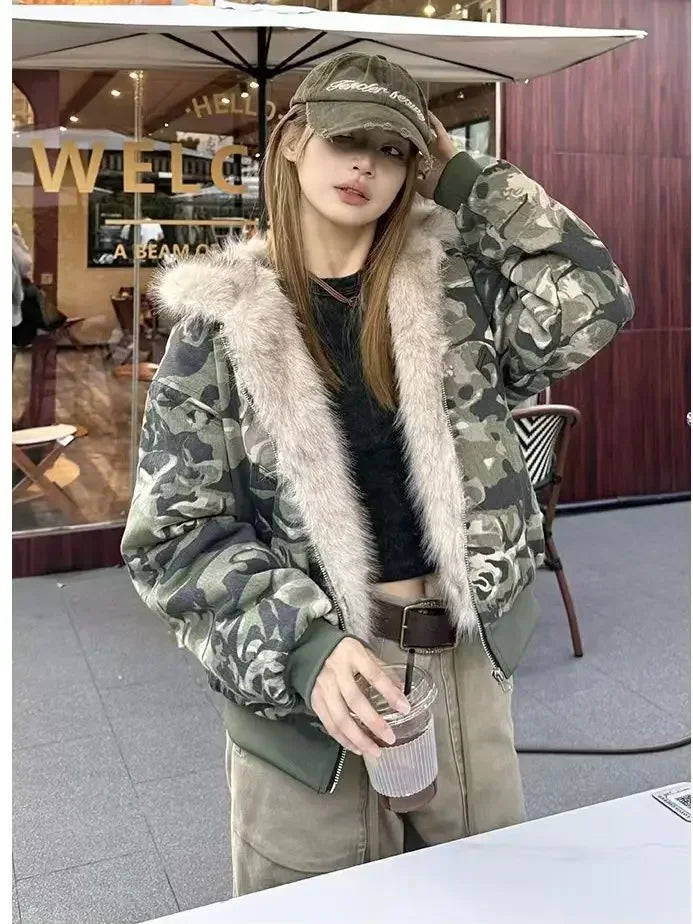 American Fashion Camouflage Plush Hat Jacket Coat Y2K High Street Hip hop Harajuku Loose Women Make Hoodies Fashion Streetwear