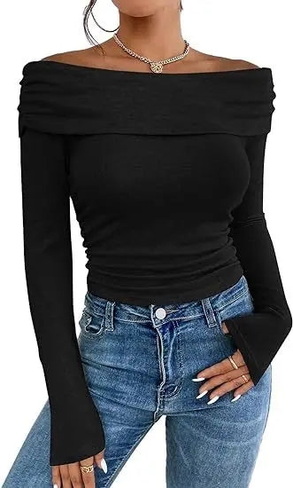 Long Sleeve T-shirts For Women Clothing One Neckline Women's Shirt 2024 Trend Pullover Women's Blouses Slim Fit Womans T Shirt