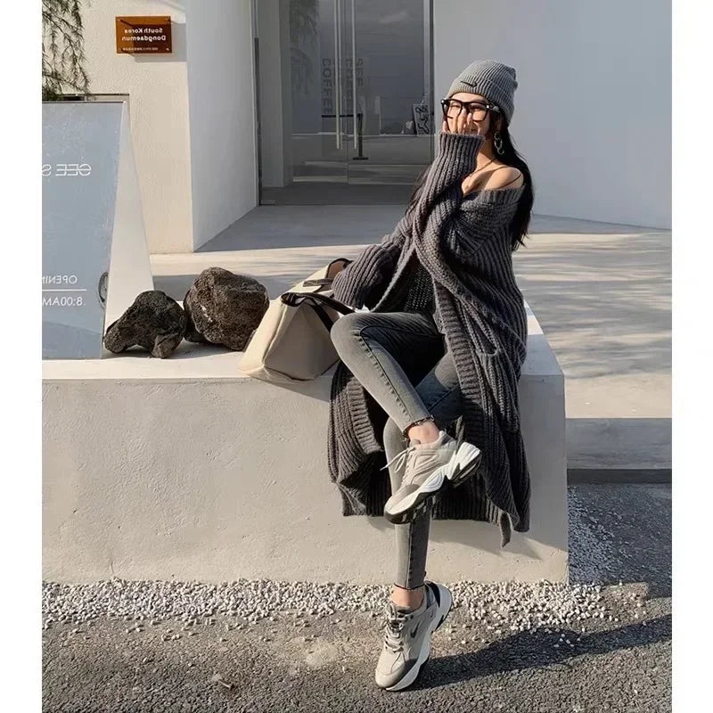 Long Cardigan 2025 Spring Knitted Women Loose V-neck Autumn Winter Elegant Sweet Outerwear Maxi Y2k Sweater Jumpers Soft Jacket