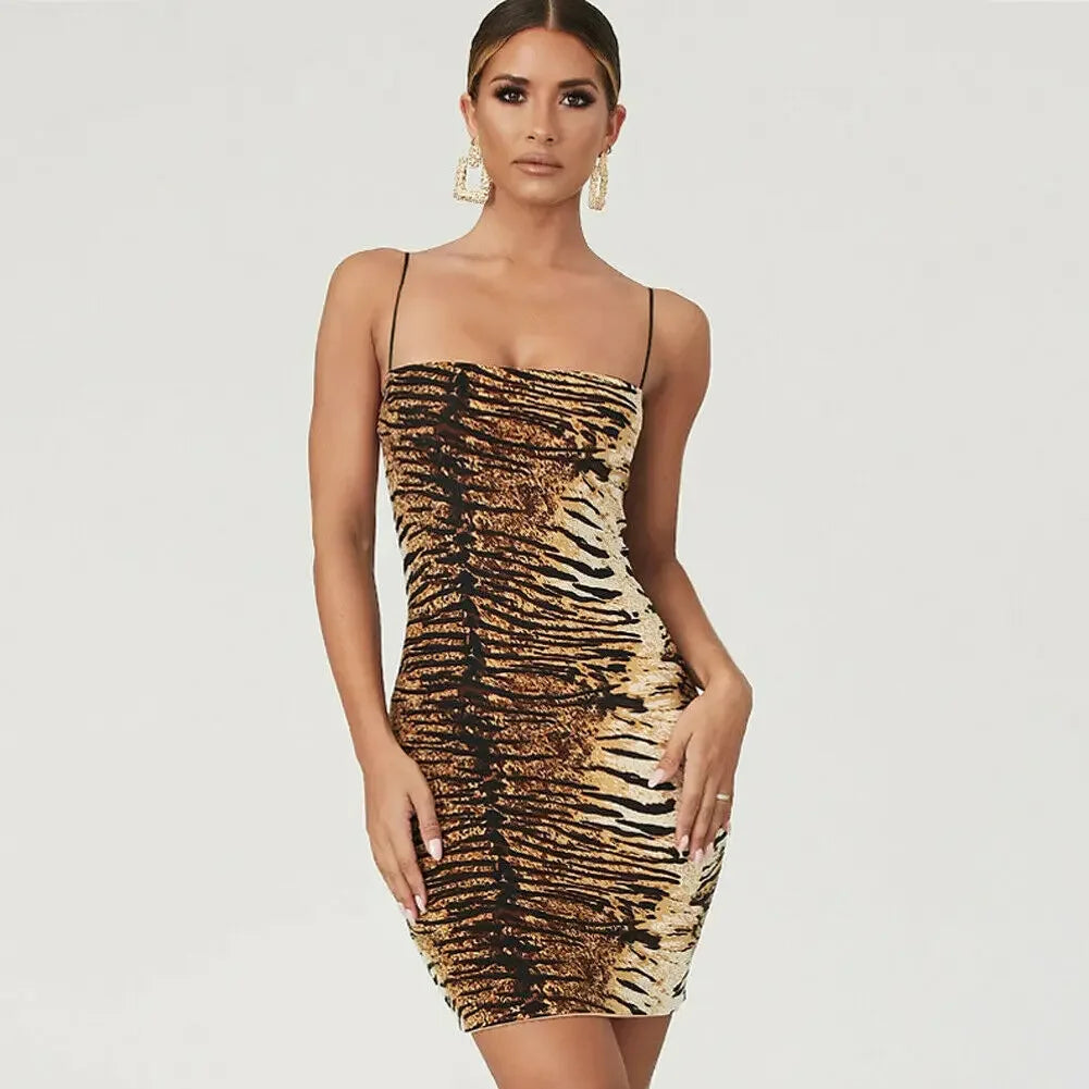 Combhasaki Women's Sexy Bodycon Thin Spaghetti Straps Sleeveless Slim Fit Leopard/ Tiger Pattern Print Bodycon Short Mini Dress