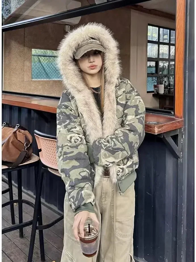 American Fashion Camouflage Plush Hat Jacket Coat Y2K High Street Hip hop Harajuku Loose Women Make Hoodies Fashion Streetwear