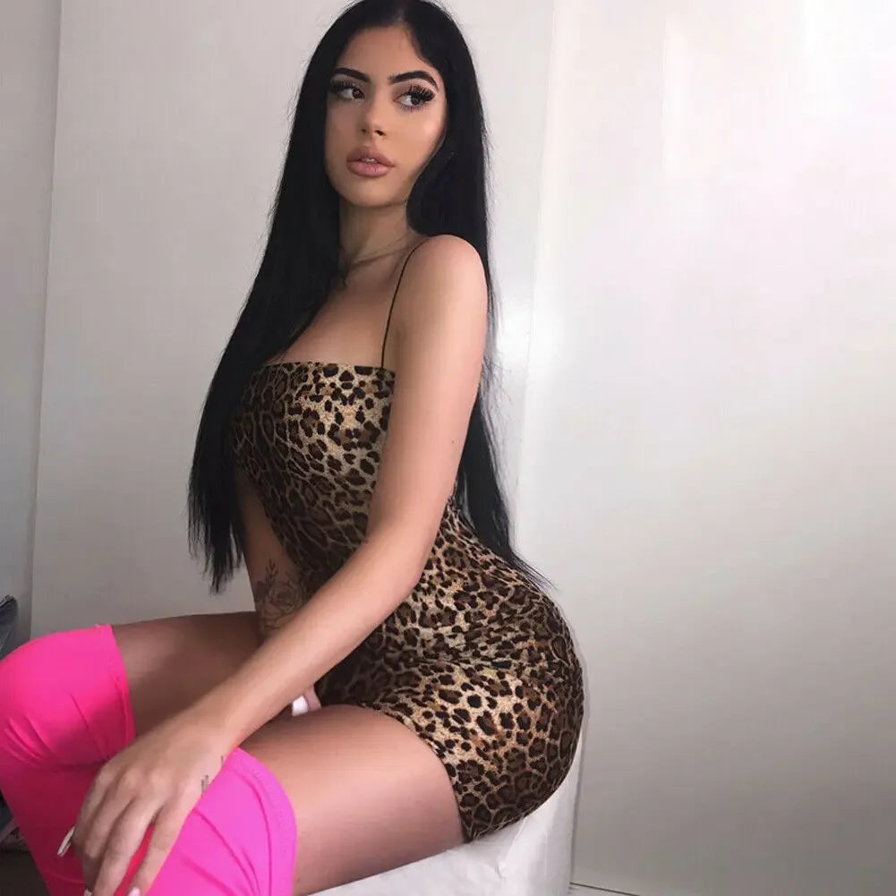 Combhasaki Women's Sexy Bodycon Thin Spaghetti Straps Sleeveless Slim Fit Leopard/ Tiger Pattern Print Bodycon Short Mini Dress