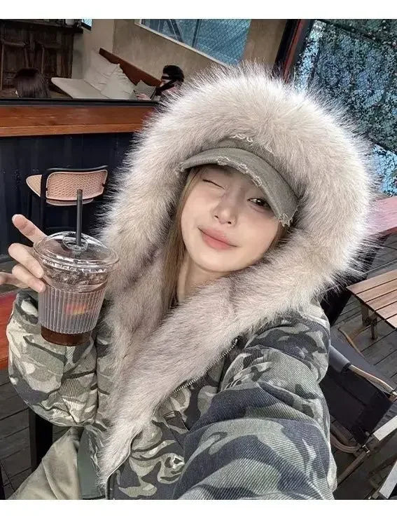 American Fashion Camouflage Plush Hat Jacket Coat Y2K High Street Hip hop Harajuku Loose Women Make Hoodies Fashion Streetwear