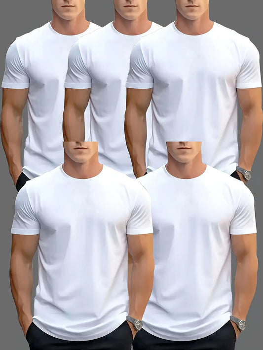 5pcs Men Tshirt 2025 summer White black Solid color Quick Drying Breathable Sweat-Absorbent tee top Suitable Fitness Gym and Run