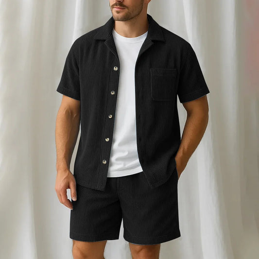 Summer Men's Fashion Beach Suit Outdoor Sports Casual Shirt Solid Color Loose Short Sleeve Shorts Beach Two-piece
