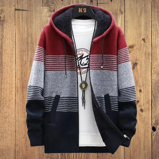 Cardigan Men Sweaters Coats Winter Fleece Knitted Sweater Jacket Mens Striped Sweater Coat Warm Zipper Wool Hooded Cardigan Men