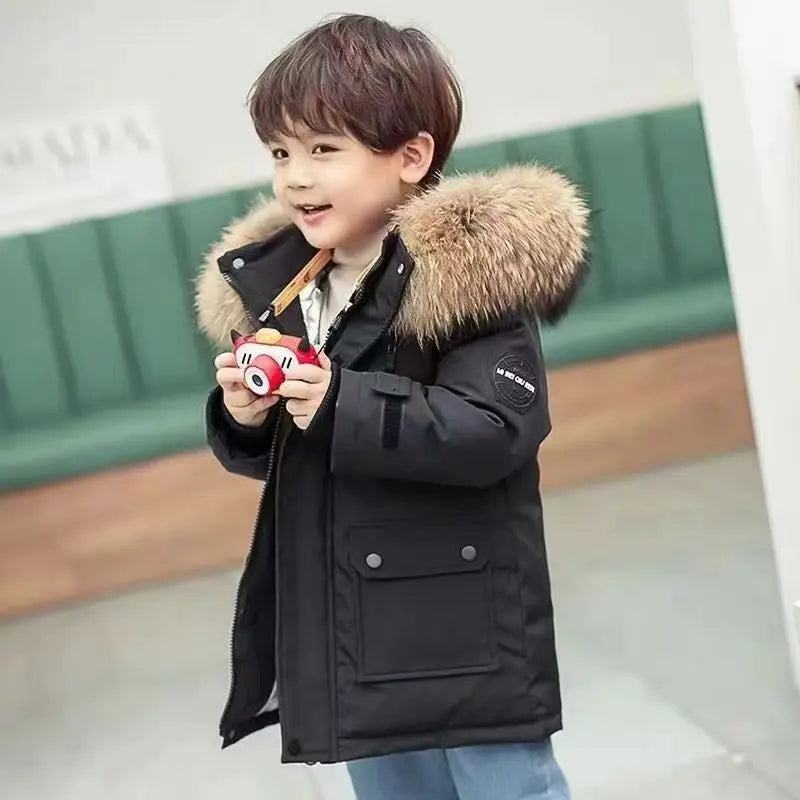 -30℃ Winter Kids Padded Jacket Children Thick Plus Velvet Warm Parkas Coat Boys Girls Fur Collar Hooded Cotton Clothes Outerwea