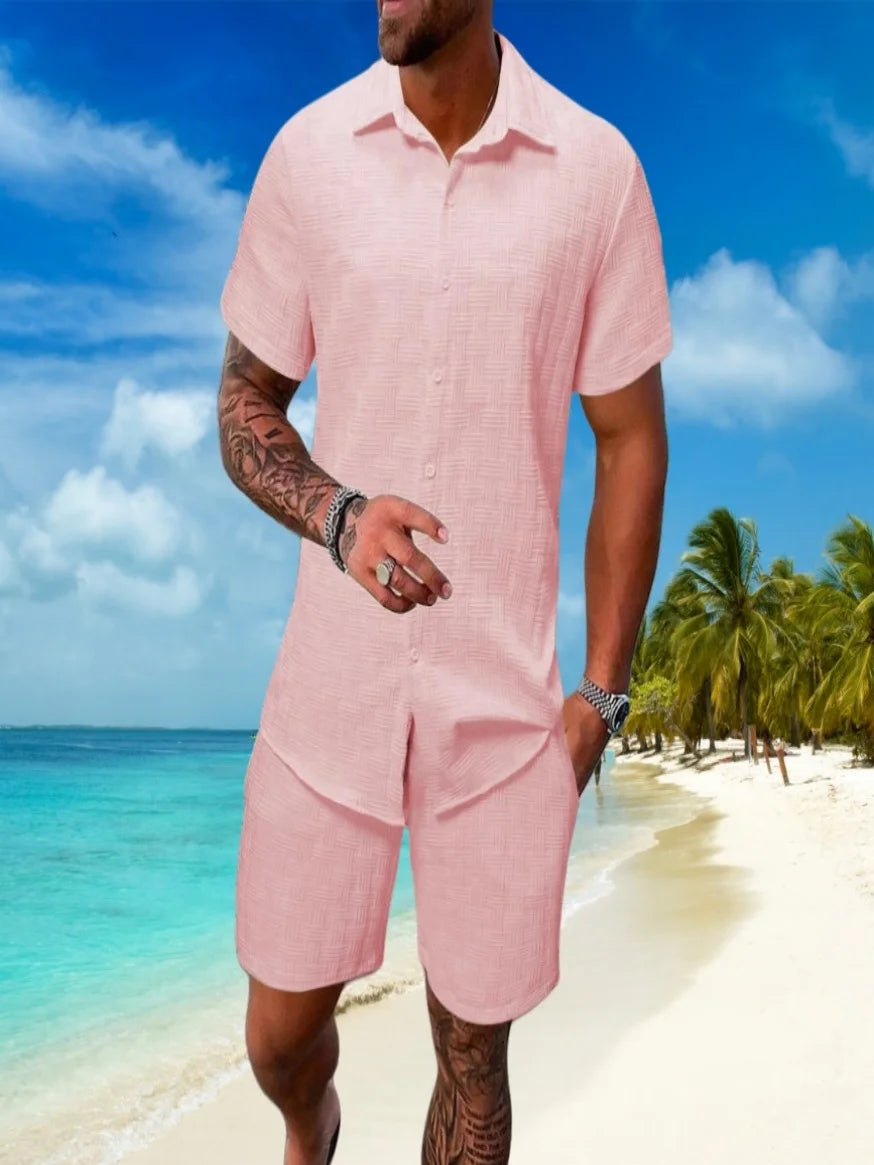 2025 summer jacquard check texture solid color suit short sleeve men's fashion comfortable holiday beach style shirt shorts two-