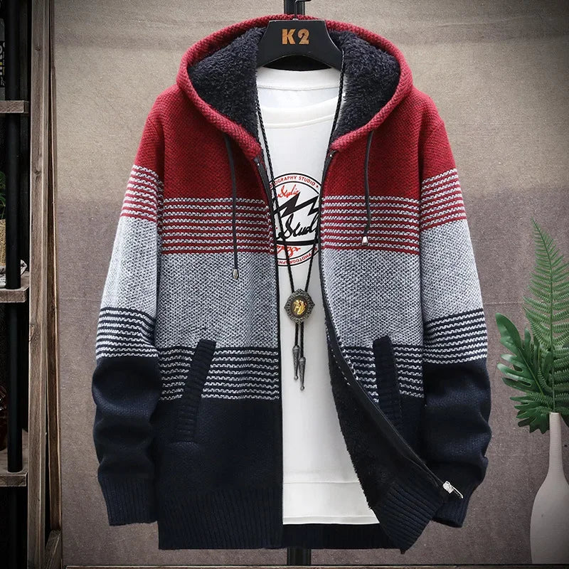 Cardigan Men Sweaters Coats Winter Fleece Knitted Sweater Jacket Mens Striped Sweater Coat Warm Zipper Wool Hooded Cardigan Men