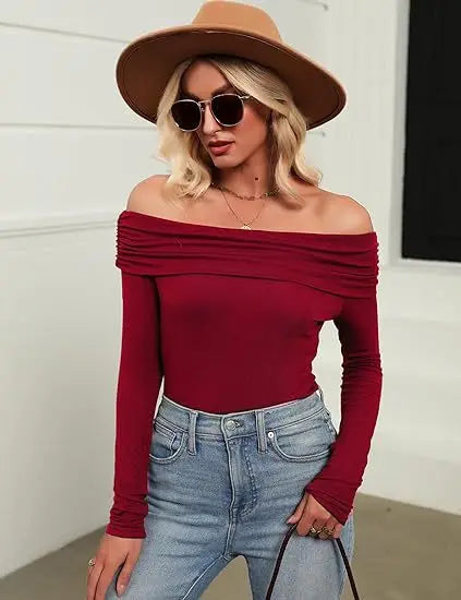 Long Sleeve T-shirts For Women Clothing One Neckline Women's Shirt 2024 Trend Pullover Women's Blouses Slim Fit Womans T Shirt