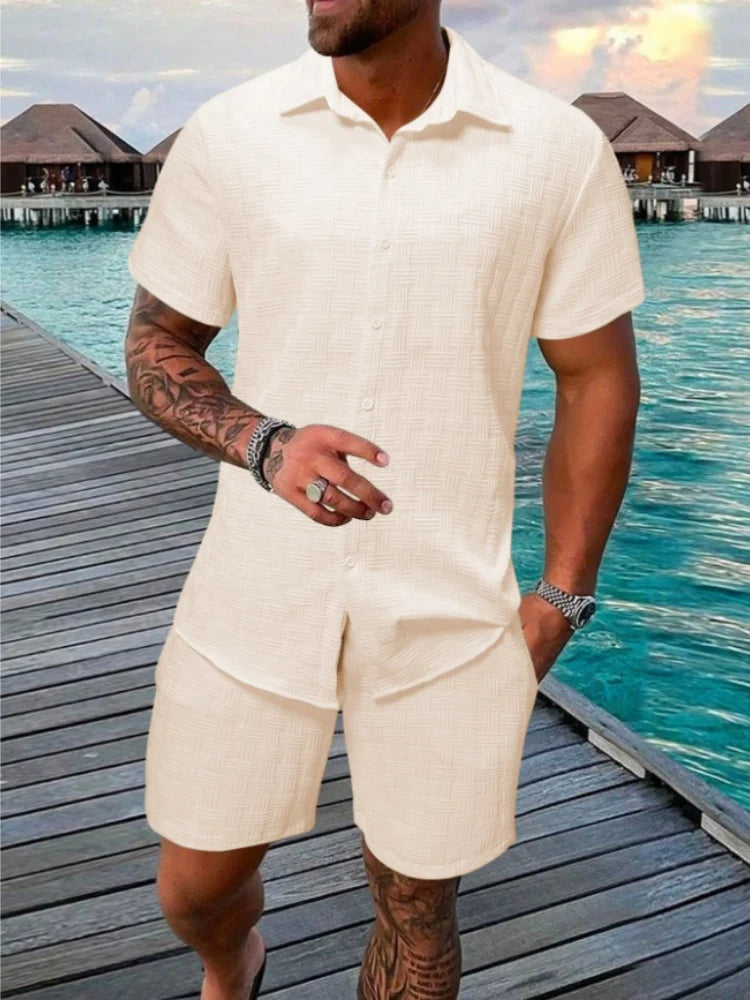 2025 summer jacquard check texture solid color suit short sleeve men's fashion comfortable holiday beach style shirt shorts two-