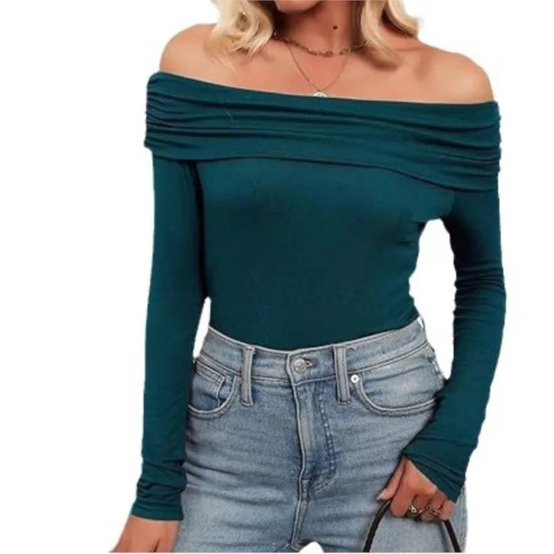 Long Sleeve T-shirts For Women Clothing One Neckline Women's Shirt 2024 Trend Pullover Women's Blouses Slim Fit Womans T Shirt