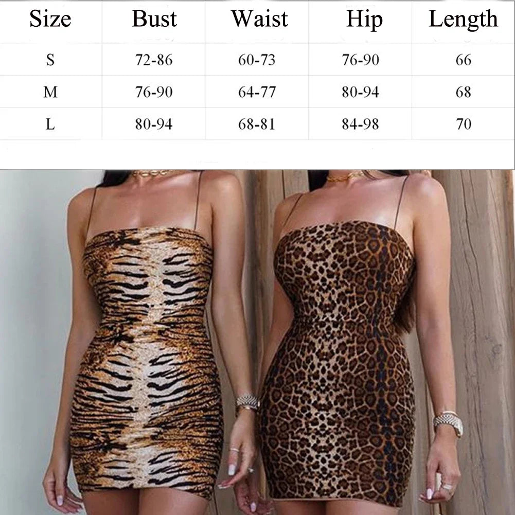 Combhasaki Women's Sexy Bodycon Thin Spaghetti Straps Sleeveless Slim Fit Leopard/ Tiger Pattern Print Bodycon Short Mini Dress