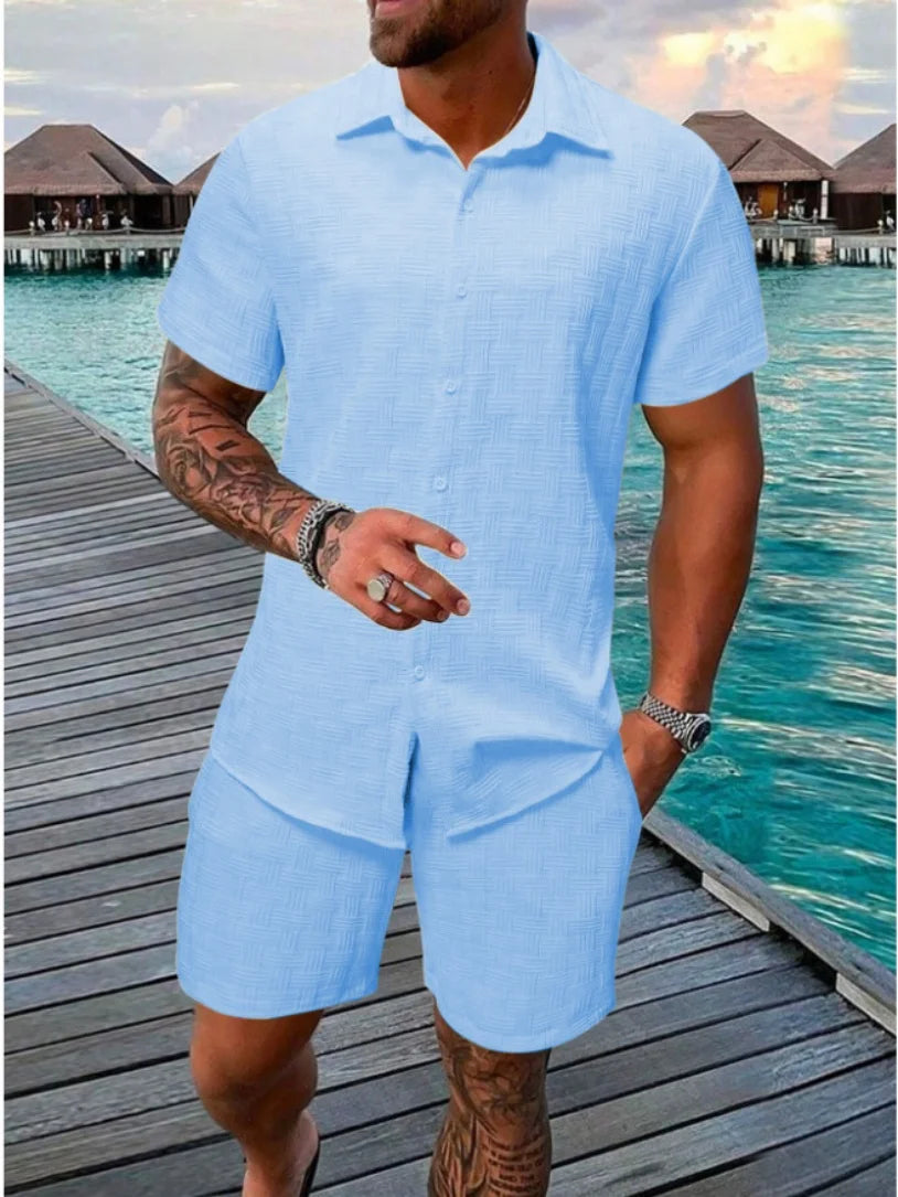 2025 summer jacquard check texture solid color suit short sleeve men's fashion comfortable holiday beach style shirt shorts two-