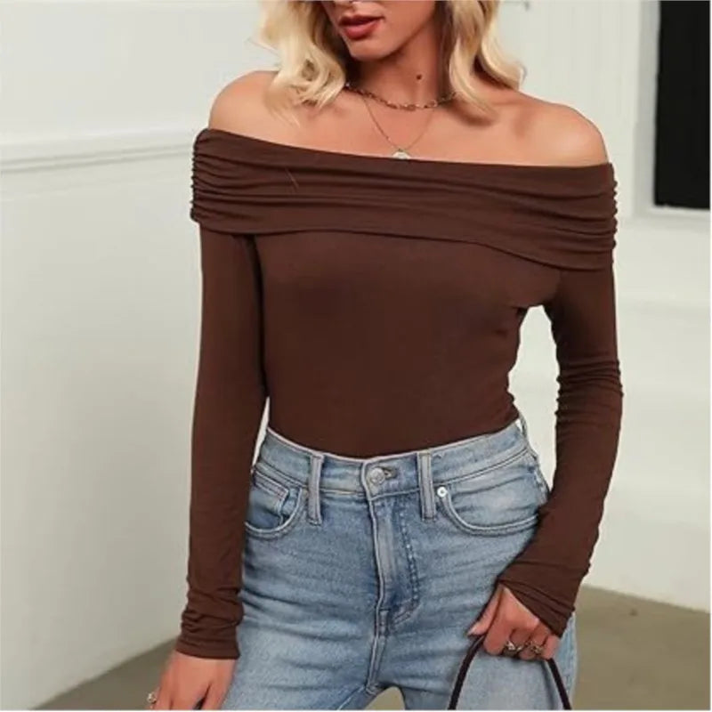 Long Sleeve T-shirts For Women Clothing One Neckline Women's Shirt 2024 Trend Pullover Women's Blouses Slim Fit Womans T Shirt