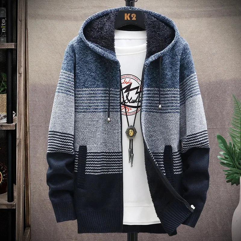 Cardigan Men Sweaters Coats Winter Fleece Knitted Sweater Jacket Mens Striped Sweater Coat Warm Zipper Wool Hooded Cardigan Men