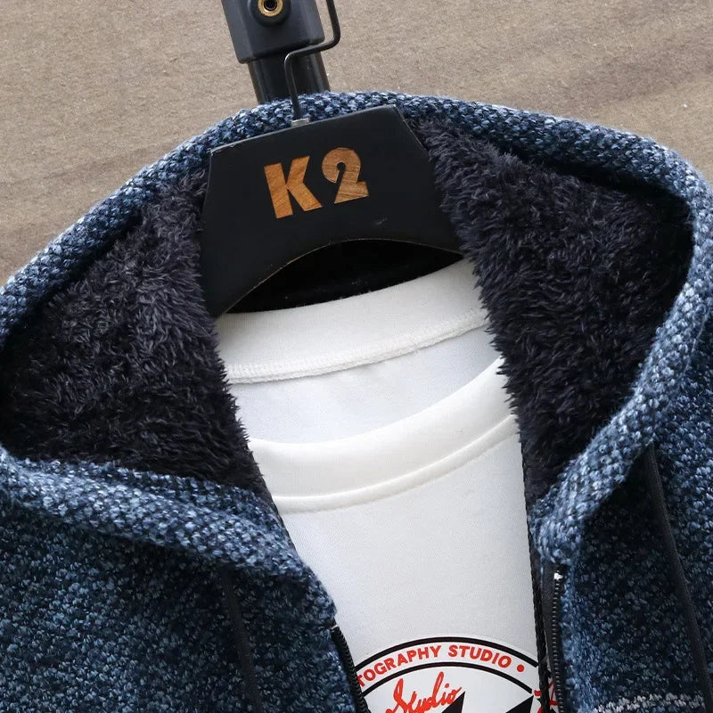 Cardigan Men Sweaters Coats Winter Fleece Knitted Sweater Jacket Mens Striped Sweater Coat Warm Zipper Wool Hooded Cardigan Men