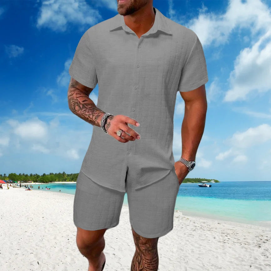 2025 summer jacquard check texture solid color suit short sleeve men's fashion comfortable holiday beach style shirt shorts two-