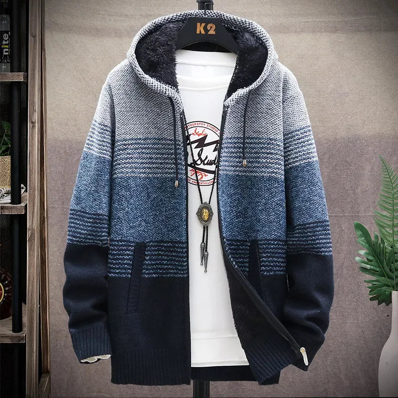 Cardigan Men Sweaters Coats Winter Fleece Knitted Sweater Jacket Mens Striped Sweater Coat Warm Zipper Wool Hooded Cardigan Men