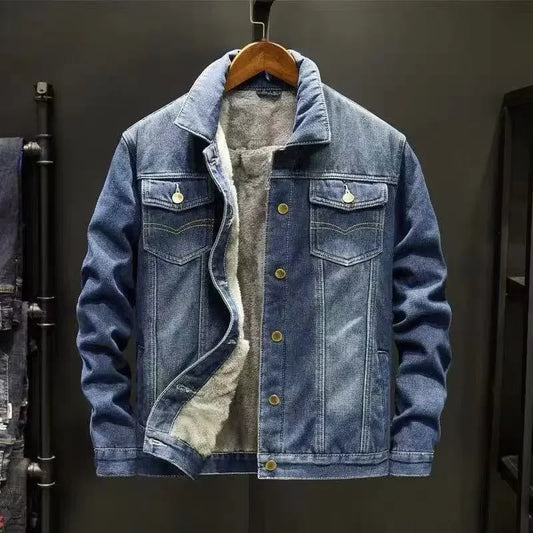 Men Coat Thick Denim Jackets Turn Down Collar Lamb Wool Coats Full Sleeve Casual Splice Single Breasted Jacket Autumn Winter