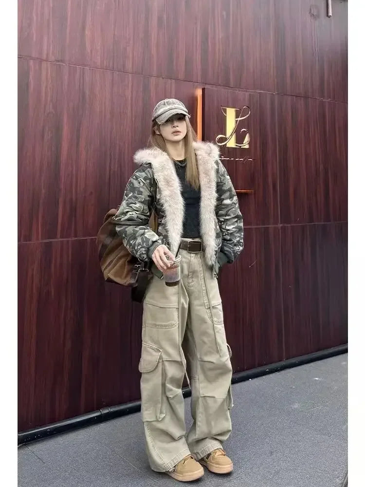 American Fashion Camouflage Plush Hat Jacket Coat Y2K High Street Hip hop Harajuku Loose Women Make Hoodies Fashion Streetwear