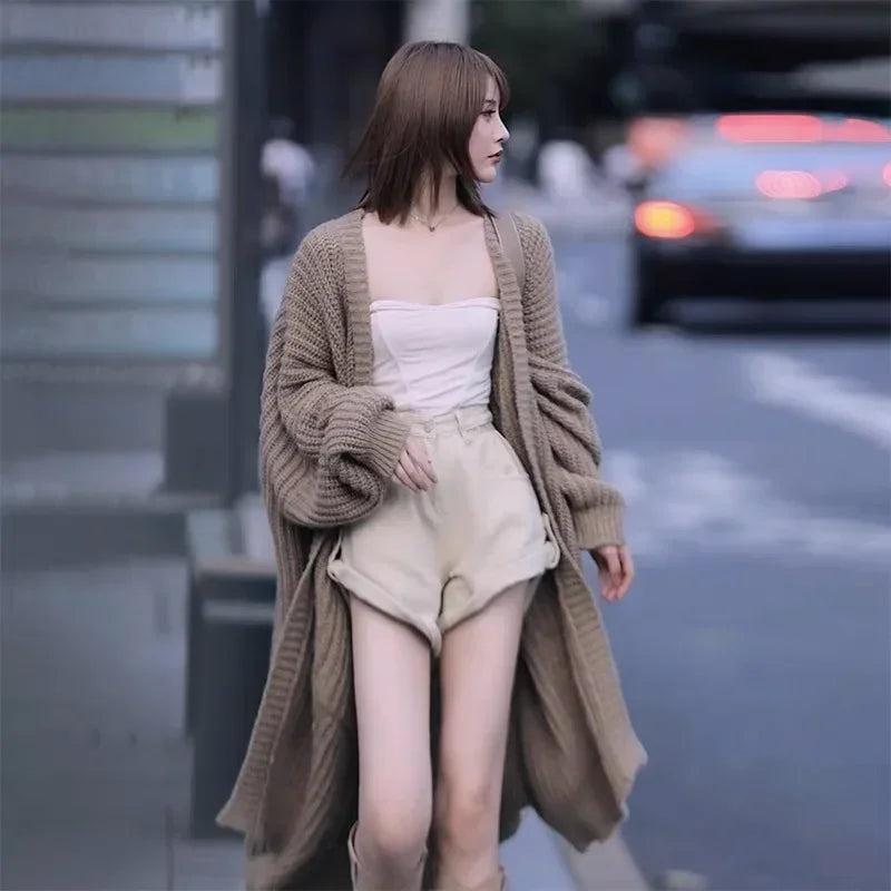 Long Cardigan 2025 Spring Knitted Women Loose V-neck Autumn Winter Elegant Sweet Outerwear Maxi Y2k Sweater Jumpers Soft Jacket